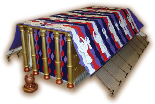 hemelsblauw, en purper, en scharlaken, met cherubim